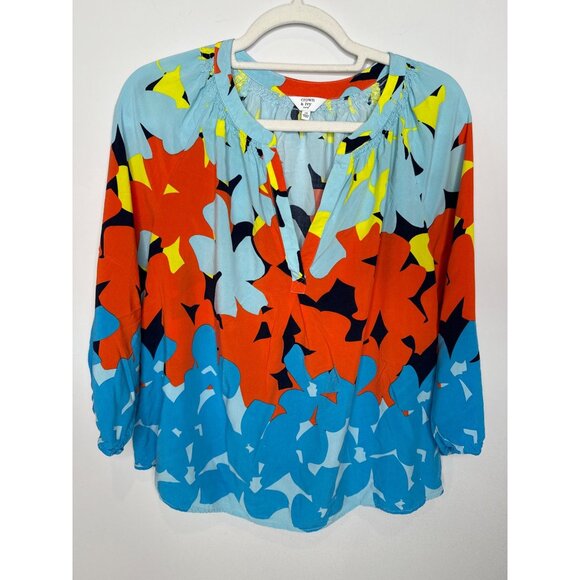 Crown and Ivy Top Womens Peasant 3/4 Sleeve Blue Orange Printed Plus Size 1X - Picture 1 of 12